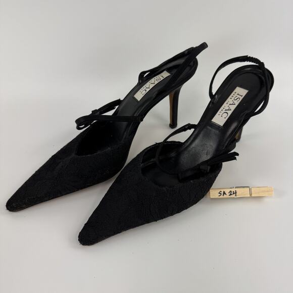 Isaac Mizrahi Black Lace Heels Sling Back Pointed Toe Women's Size 10 B Flat bow - Picture 7 of 12
